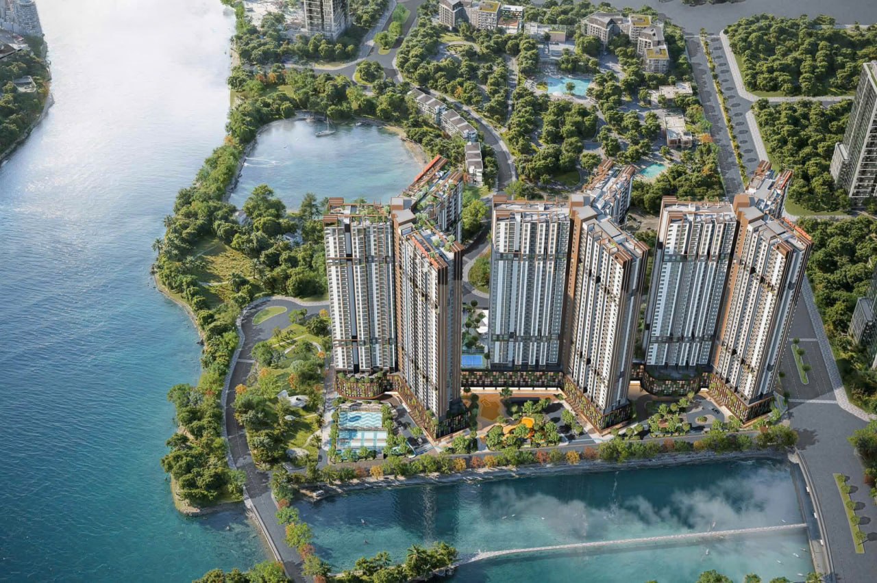 Phối cảnh các tòa căn hộ giữa hồ nước và cây xanh